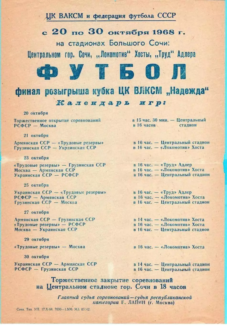 Финал турнира ЦК ВЛКСМ Надежда, Сочи, 1968. Сб.Москвы и другие уч. в описании