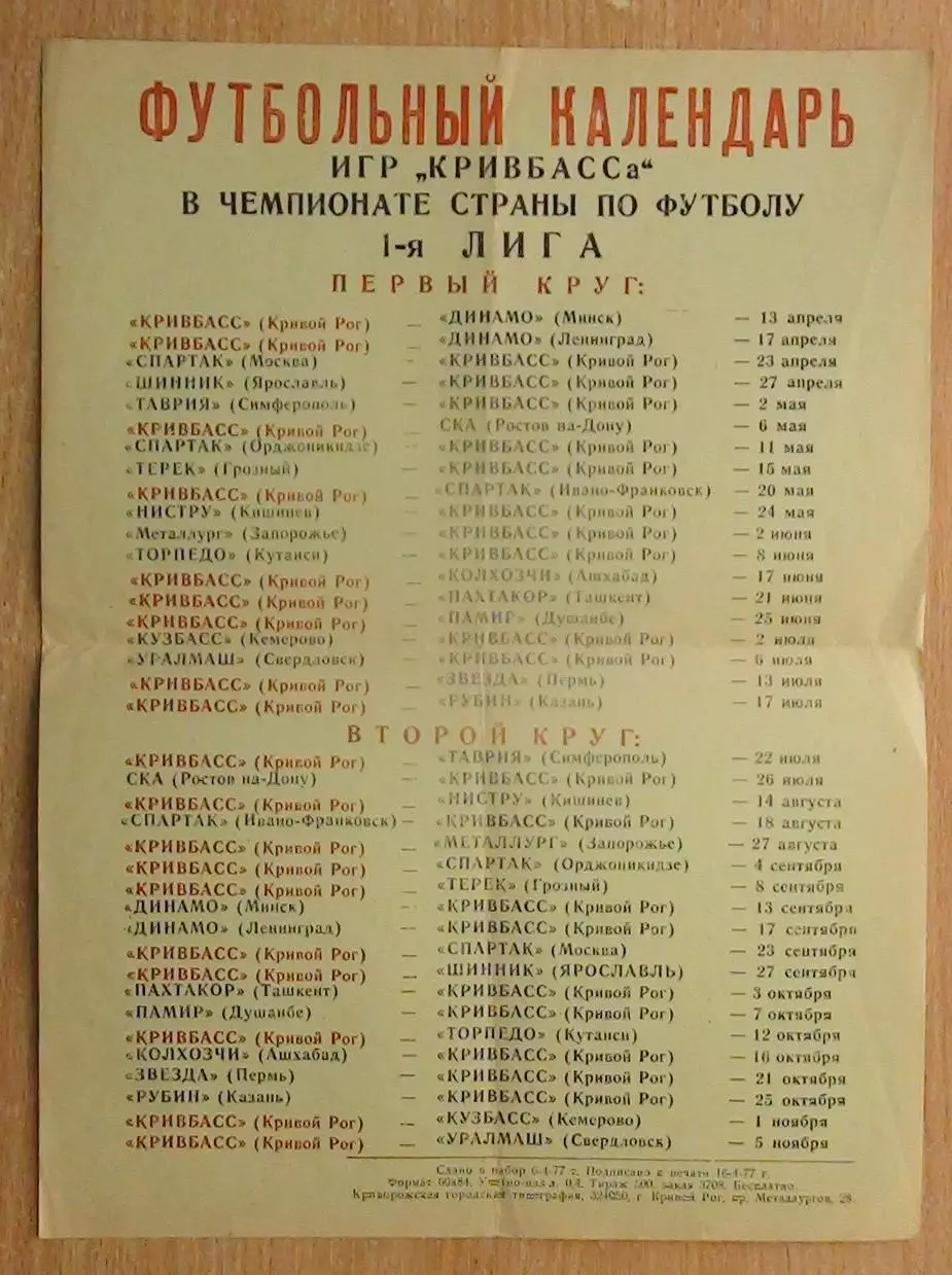 Календарь игр. Кривой Рог 1977