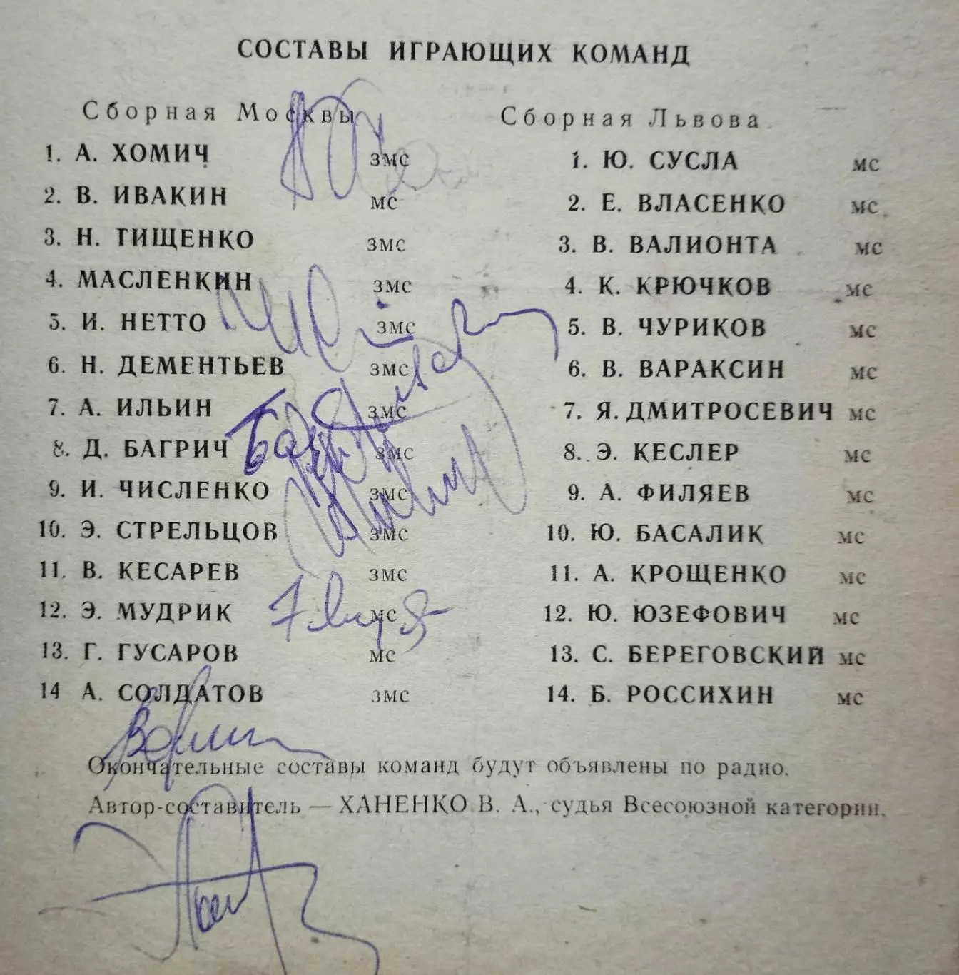 Всесоюзный турнир Кожаный мяч + матч ветеранов Львов - Москва 1972, автографы 1
