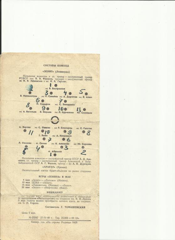 зенит(ленинград) - арарат (ереван) - 1966 1