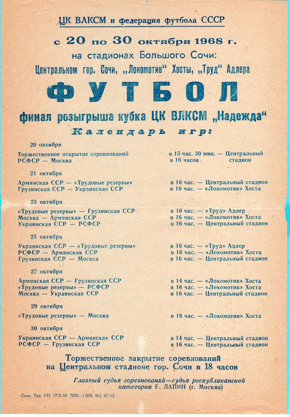 Финал турнира ЦК ВЛКСМ Надежда.Город Сочи-1968. Сб.Москвы и другие.