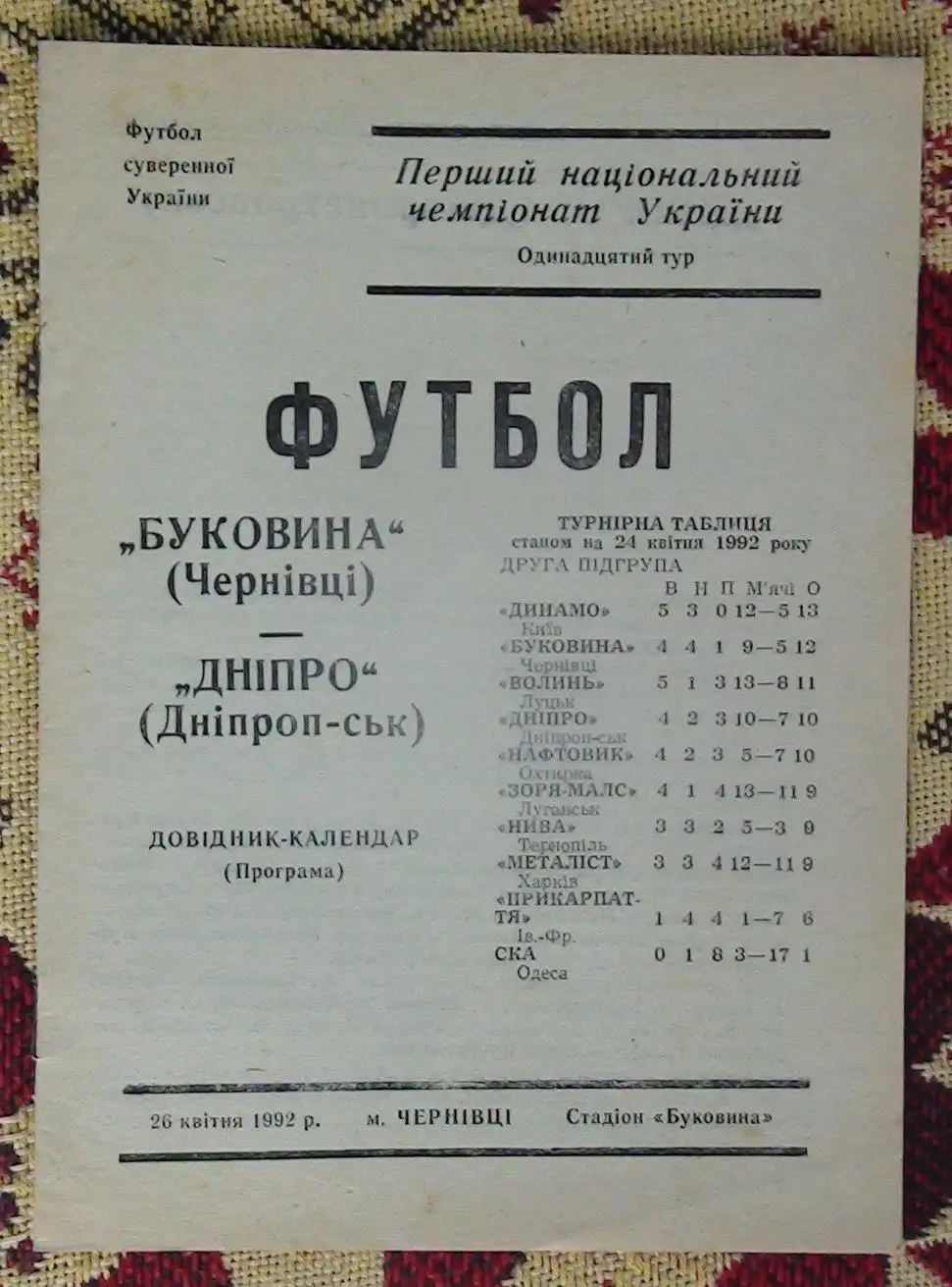 Буковина Черновцы - Днепр Днепропетровск 1992
