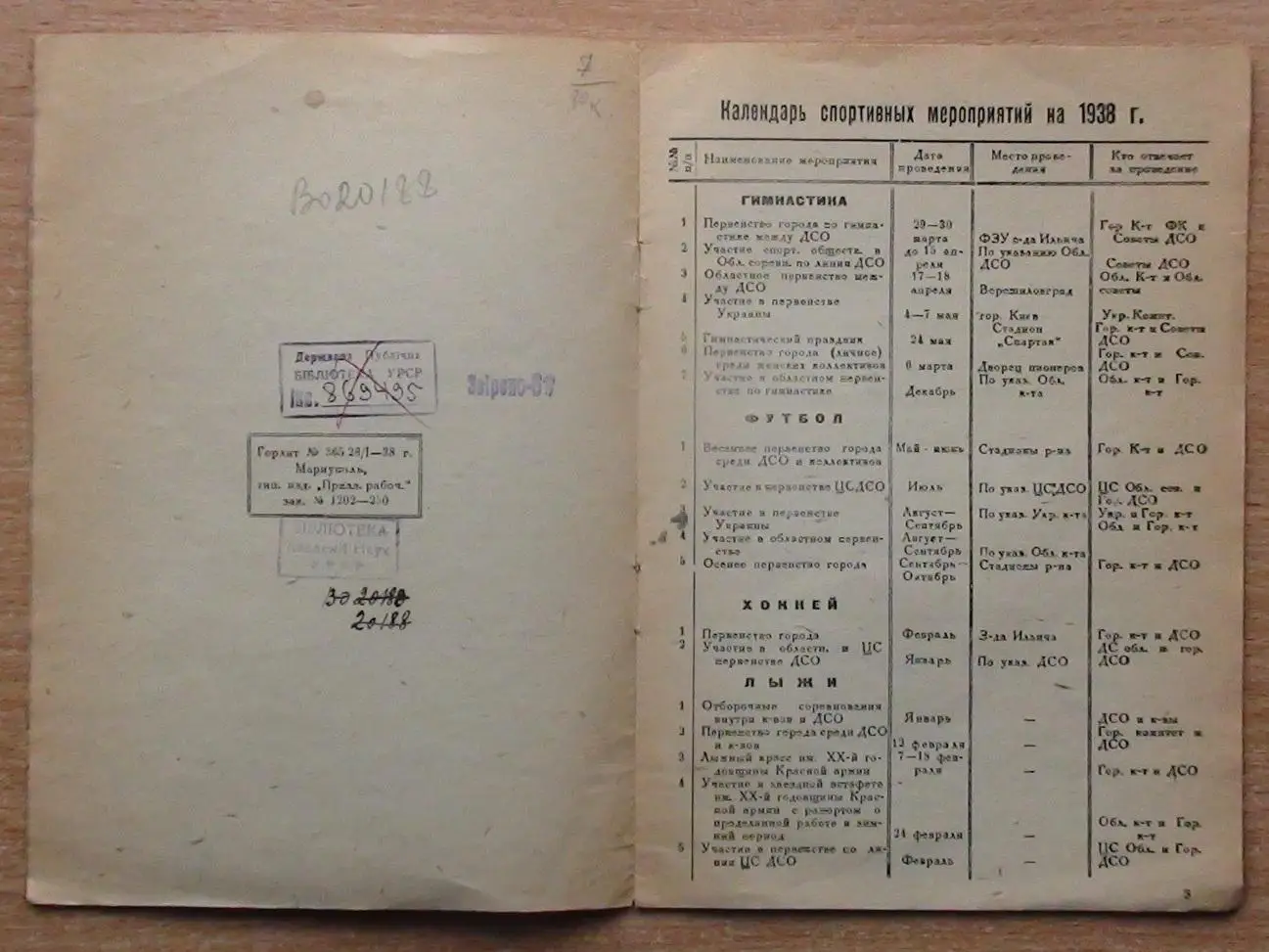 Календарь спортивных мероприятий, Мариуполь-1938, футбол, хоккей и др. 1