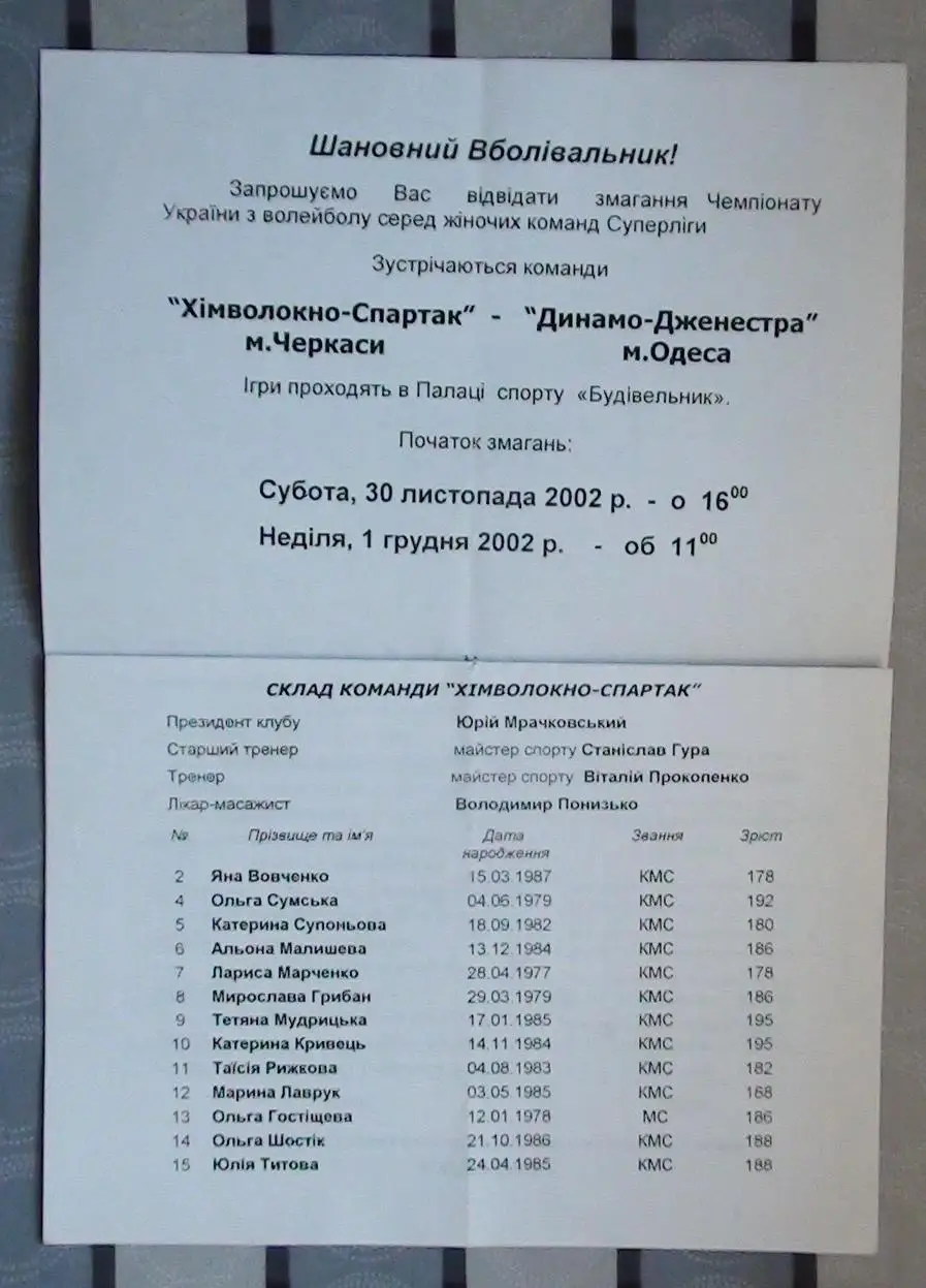 Химволокно-Спартак Черкассы - Динамо-Джинестра Одесса 30.11-1.12.2002