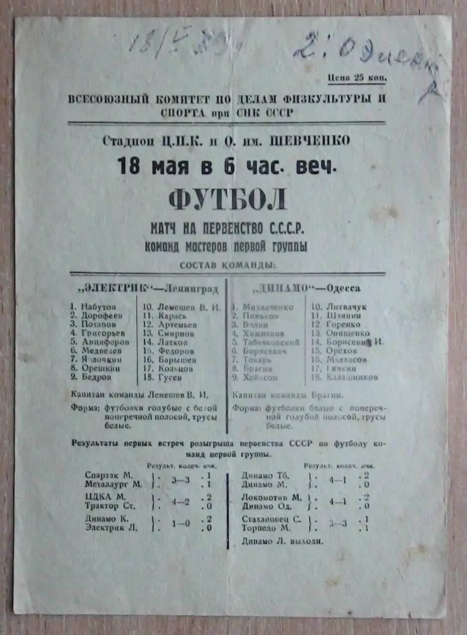Динамо Одесса - Электрик Ленинград 1939