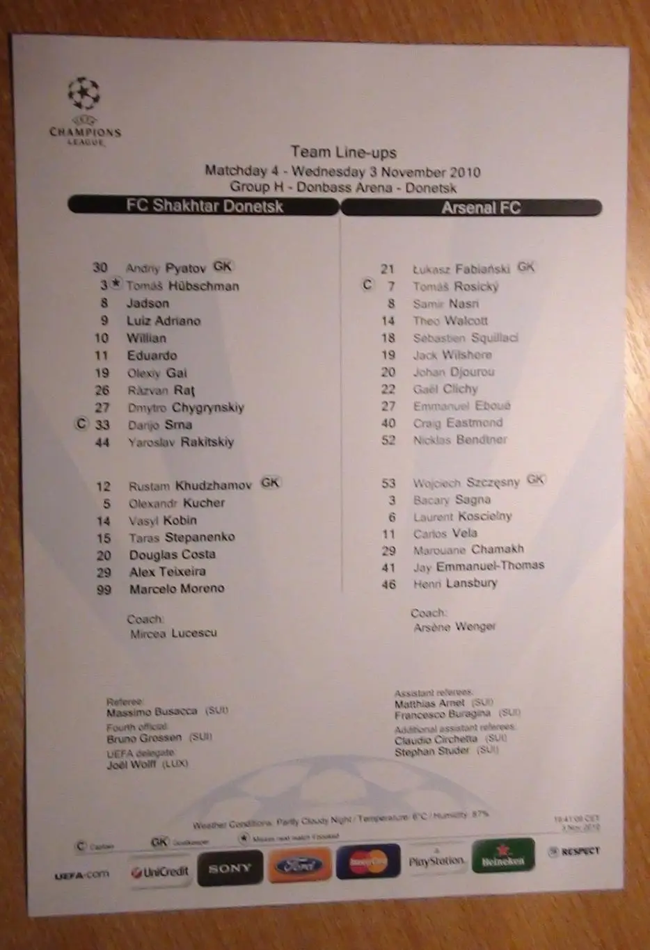 Шахтёр Донецк - Арсенал Лондон, Англия 2010, протокол, вид 2