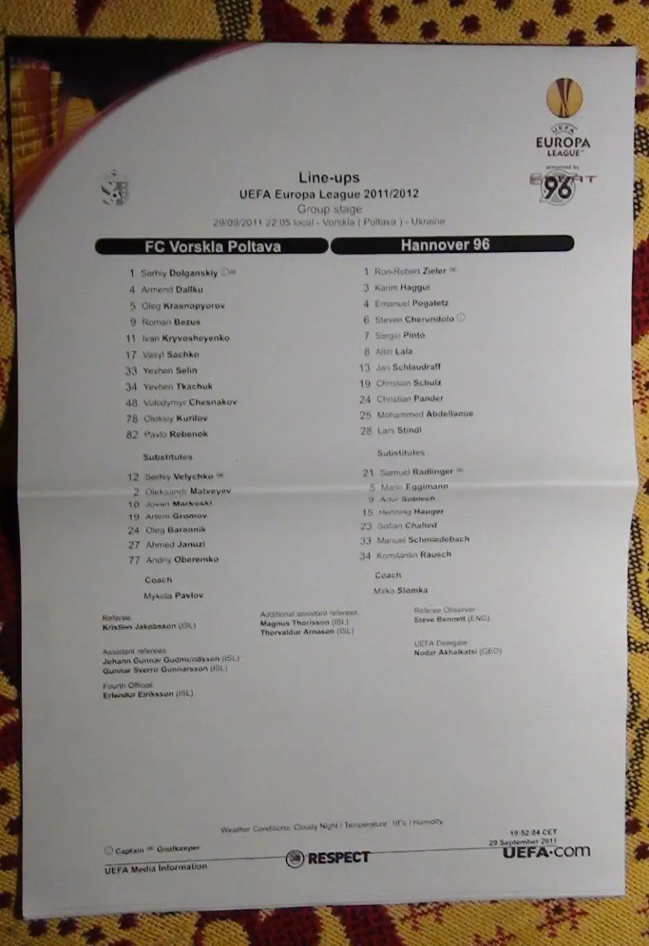 Ворскла Полтава - Ганновер, Германия 2011, протокол