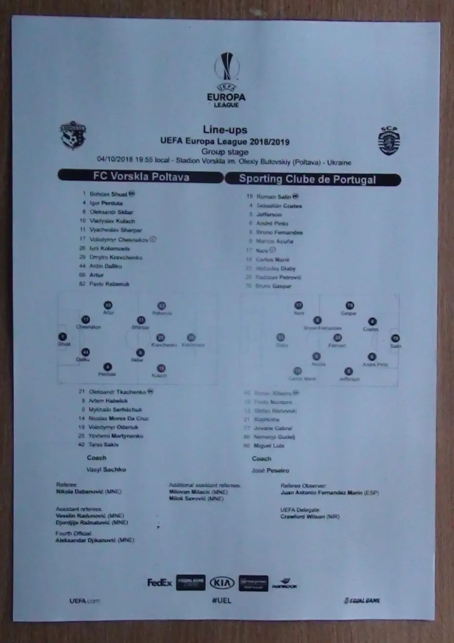 Ворскла Полтава - Спортинг Лиссабон, Португалия 2018, протокол