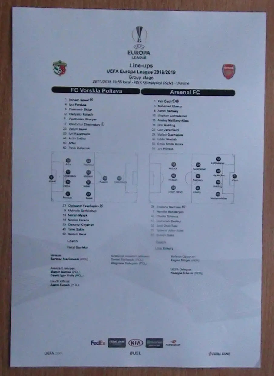 Ворскла Полтава - Арсенал Лондон, Англия 2018, протокол