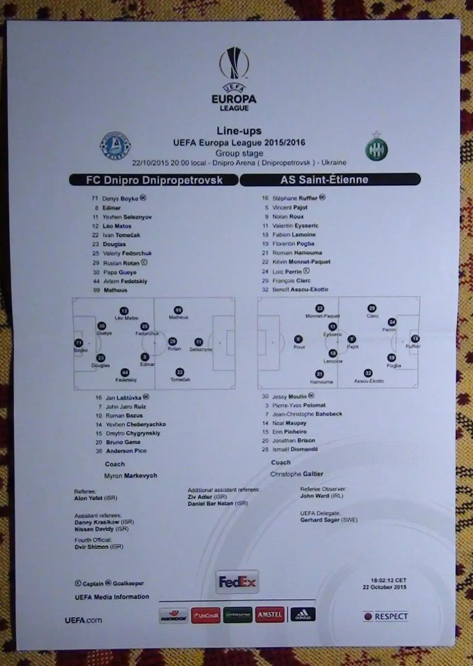 Днепр Днепропетровск - Сент-Этьен, Франция 2015, протокол