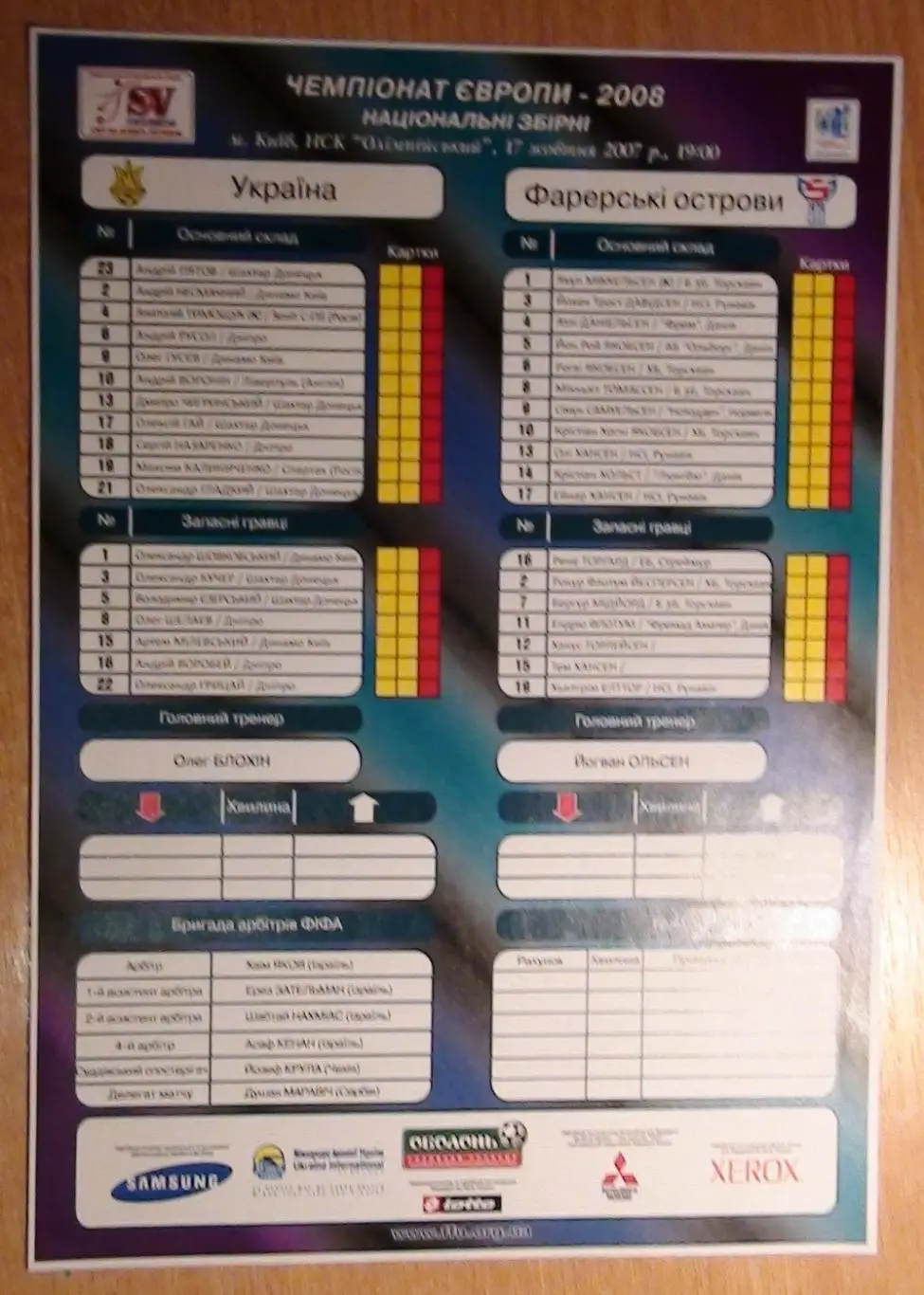 Украина - Фарерские острова 2007, протокол