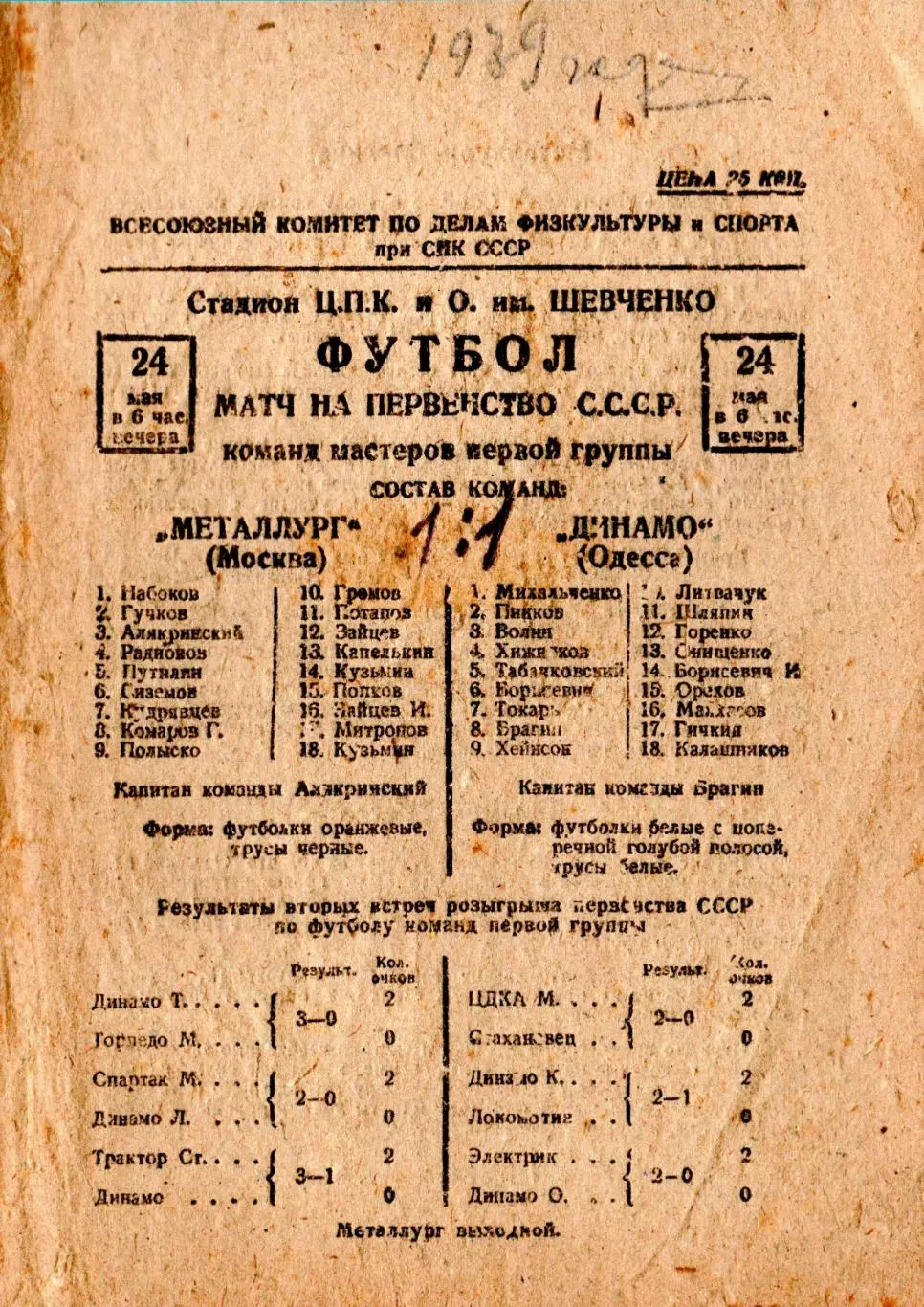 Динамо Одесса - Металлург Москва 1939, качественная типографская копия