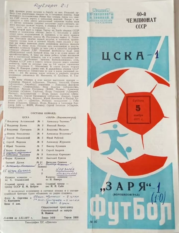 ЦСКА Москва - Заря Ворошиловград - 05.11.1977