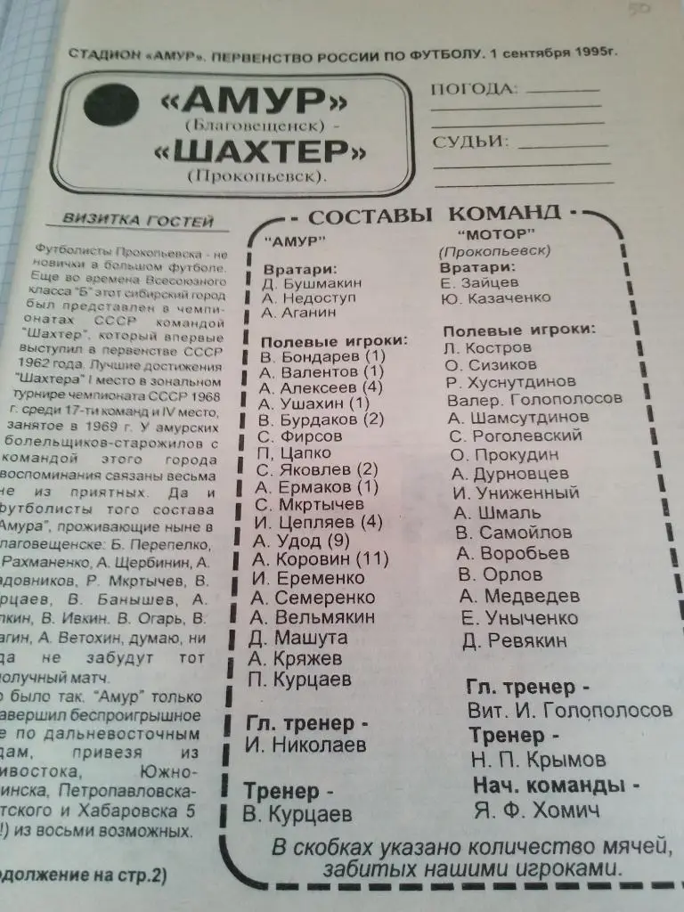 Амур Благовещенск - Шахтер Прокопьевск - 01.09.1995