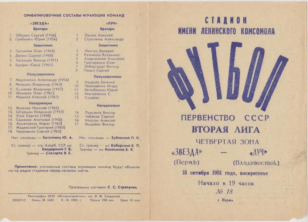 Звезда Пермь - Луч Владивосток - 18.10.1981