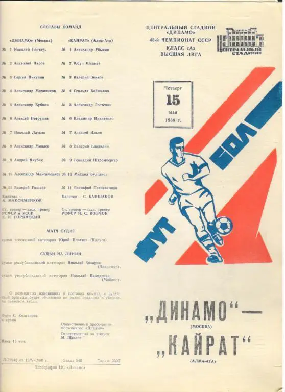 Динамо Москва - Кайрат Алма-Ата 15.05.1980