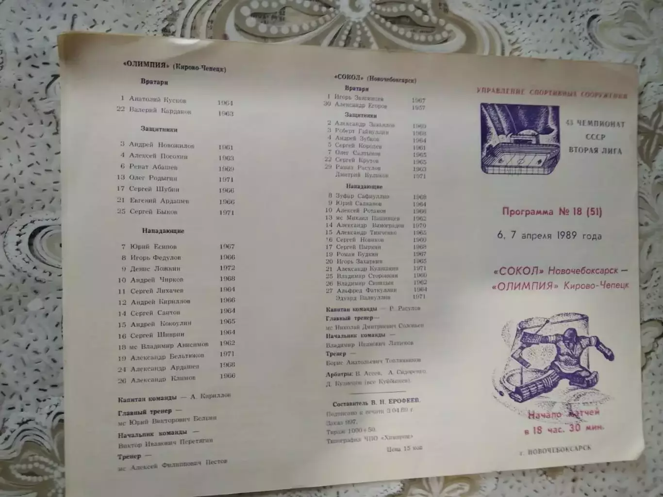 Сокол Новочебоксарск - Дизелист Пенза 30.11 - 1.12.1988