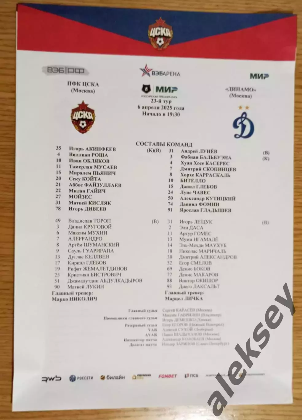 ЦСКА - Динамо (Москва) 06 апреля 2025. Стартовый протокол матча