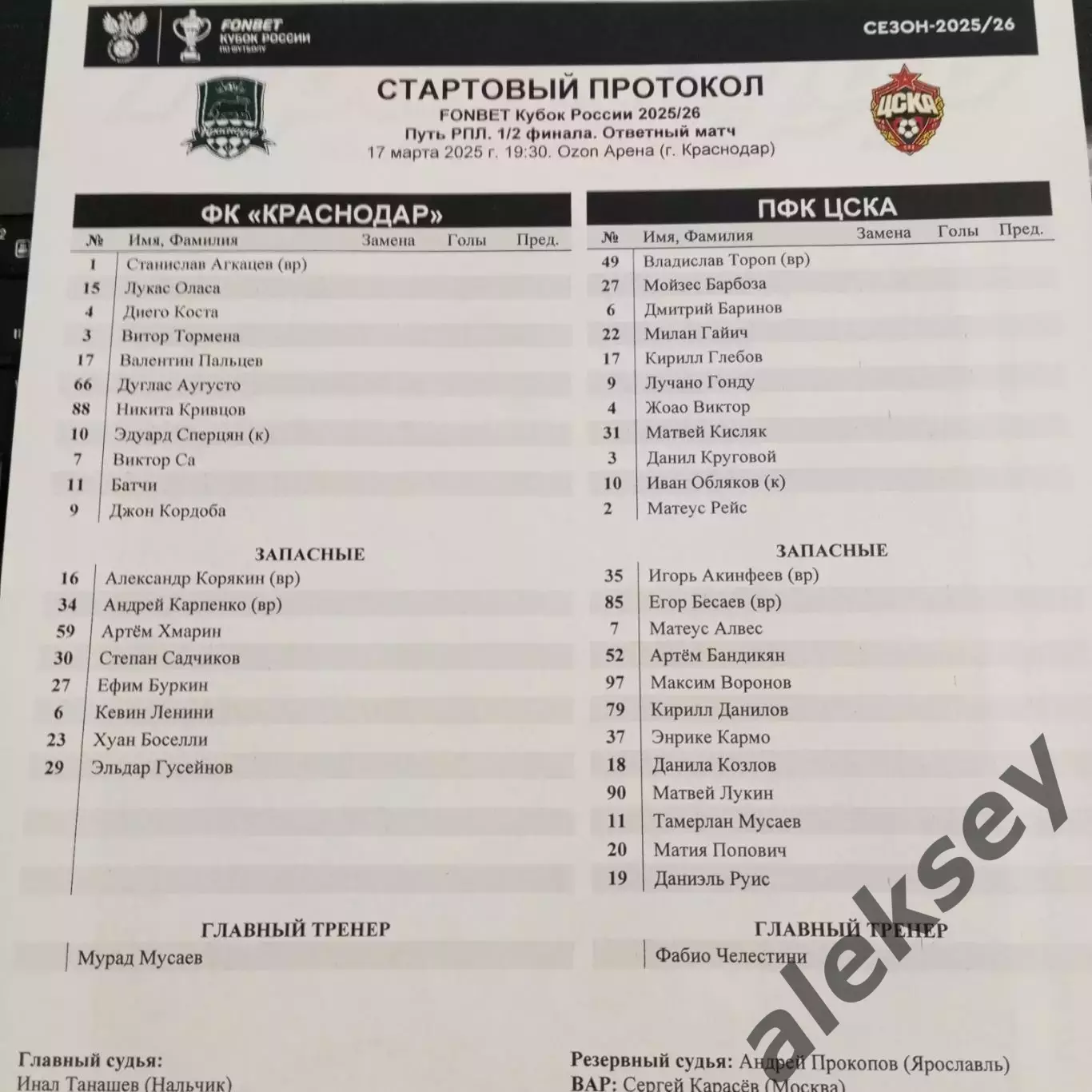Краснодар - ЦСКА 17 марта 2026. Офиц. программа + стартовый протокол 2