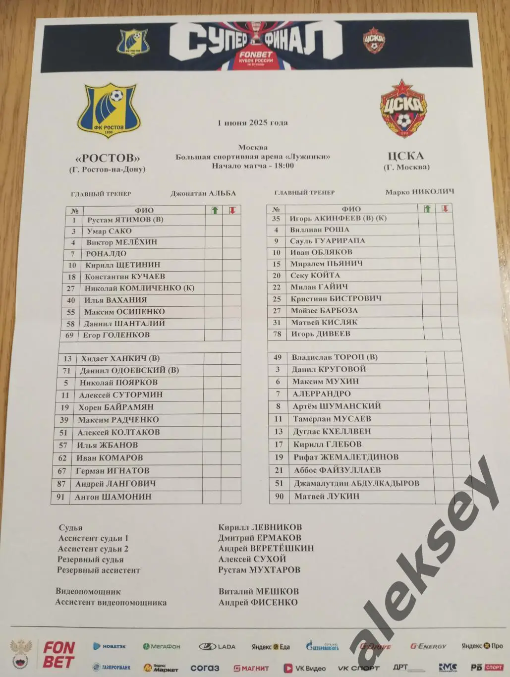 Ростов (Ростов-на-Дону) - ЦСКА 1 июня 2025. Стартовый протокол матча
