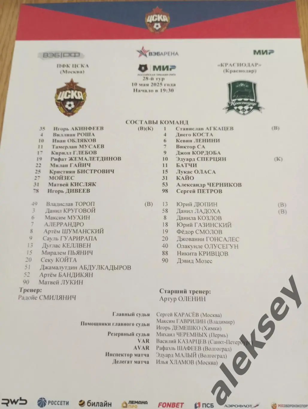 ЦСКА - Краснодар (Краснодар) 10 мая 2025. Стартовый протокол матча