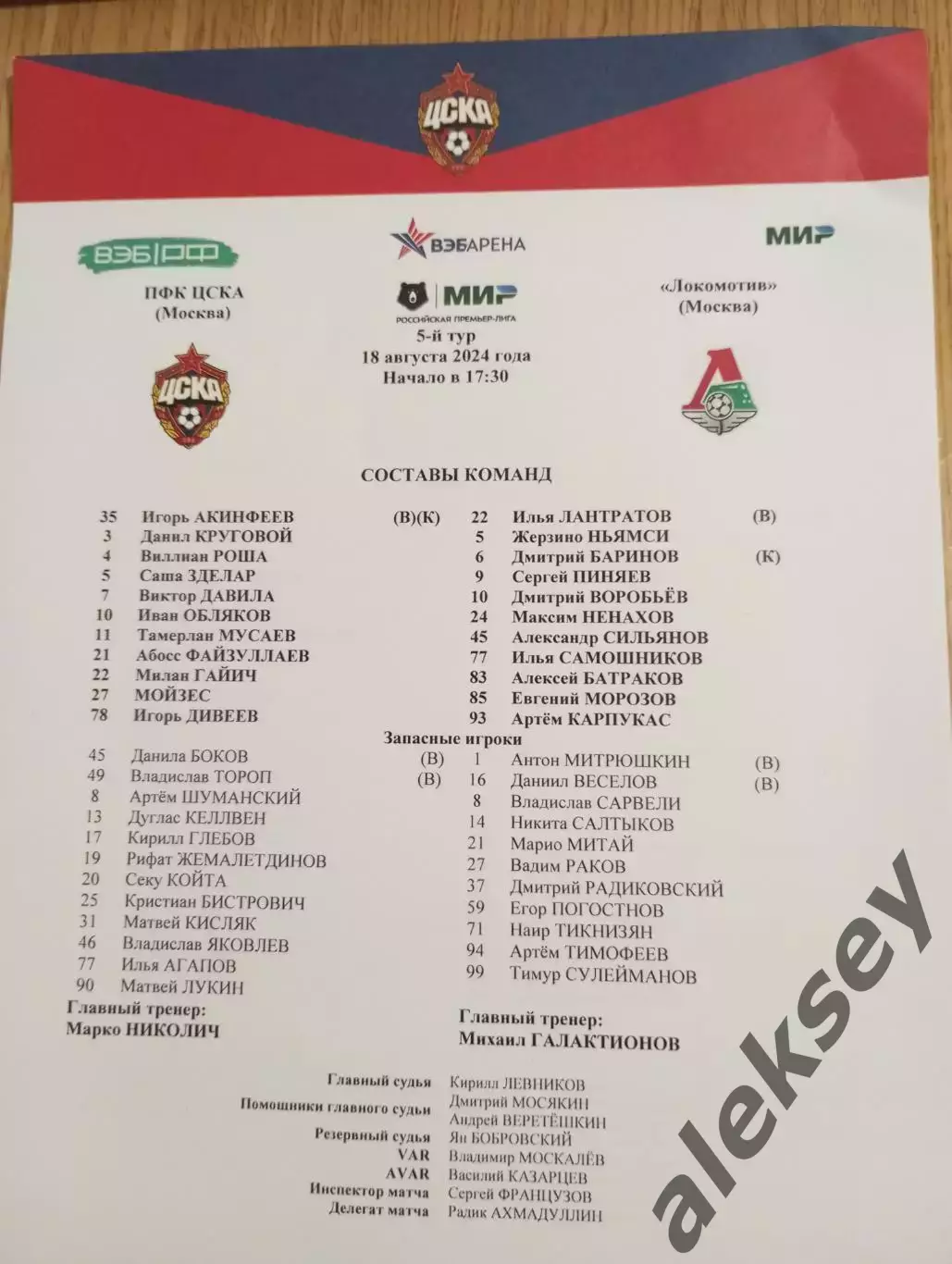 ЦСКА - Локомотив (Москва) 18 августа 2024. Стартовый протокол матча