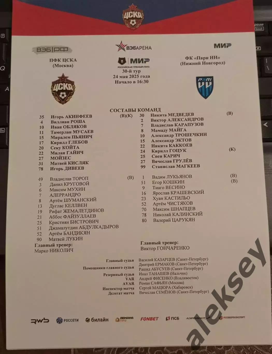 ЦСКА - ПАРИ НН (Нижний Новгород) 24 мая 2025. Стартовый протокол матча