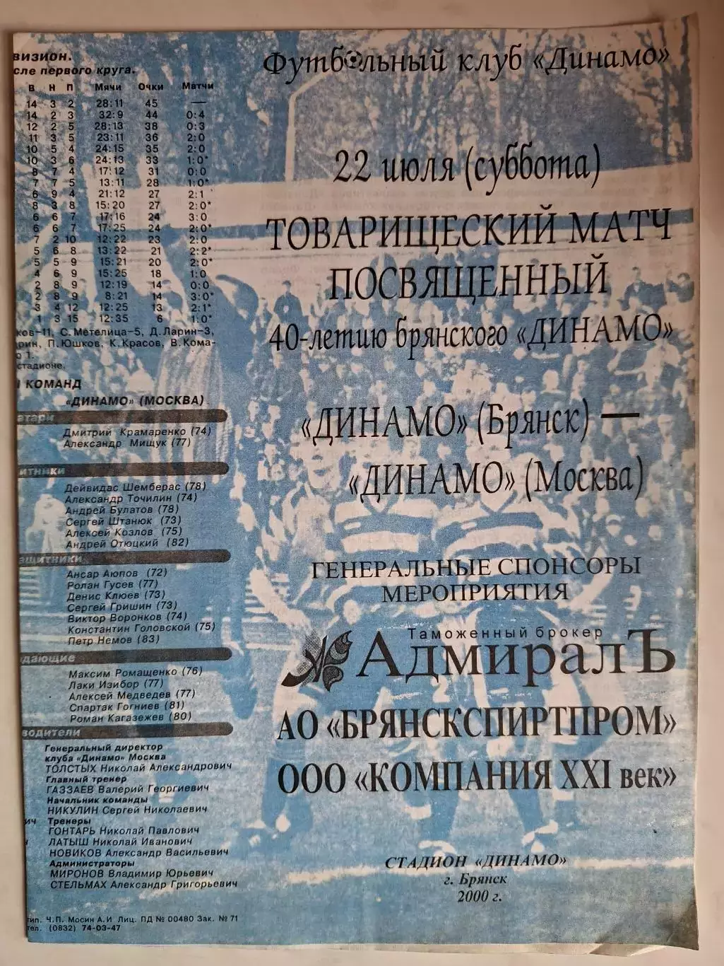Динамо (Брянск) - Динамо (Москва). 22.07.2000. Товарищеский матч
