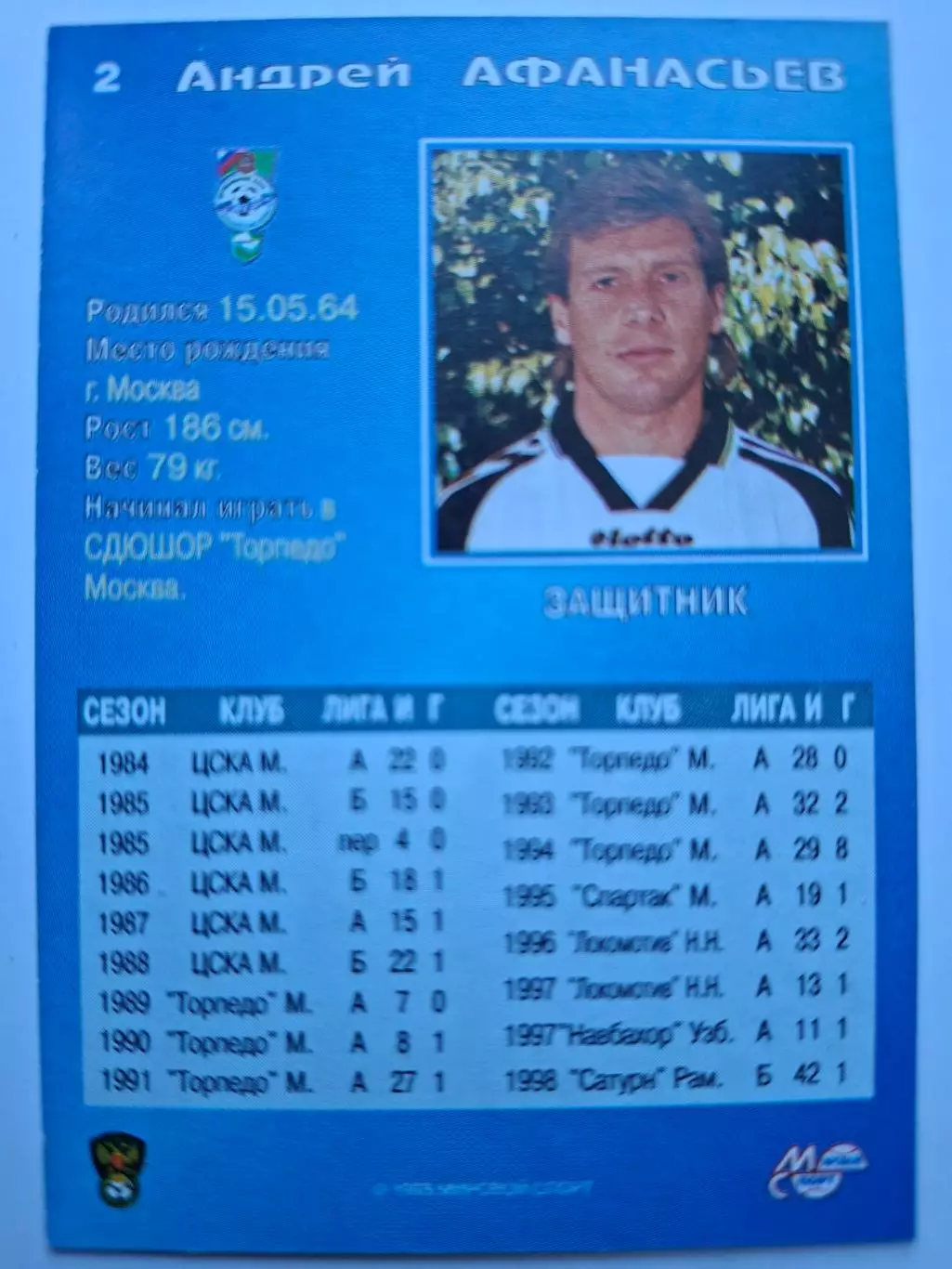 Андрей Афанасьев (Сатурн), 1999. Карточка Мировой спорт 1