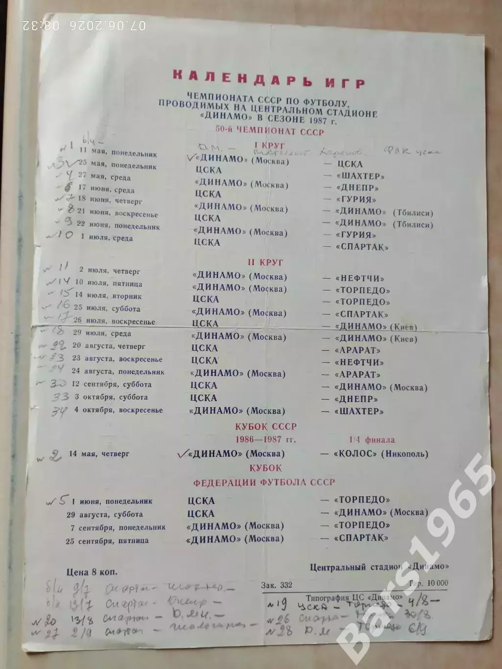 Динамо Москва 1987 Календарь игр, таблица для заполнения