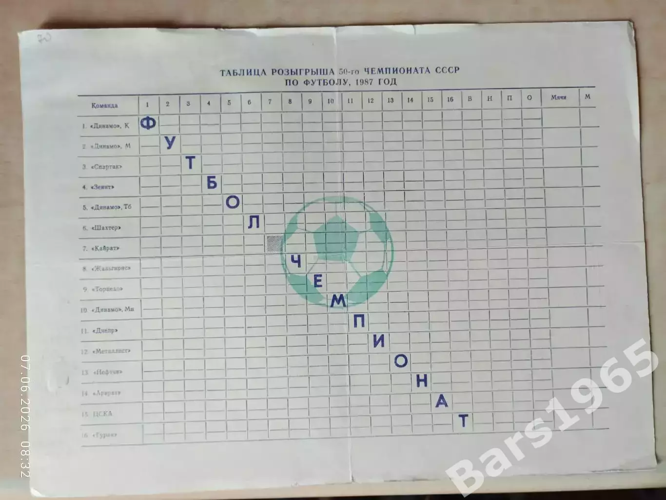 Динамо Москва 1987 Календарь игр, таблица для заполнения 1