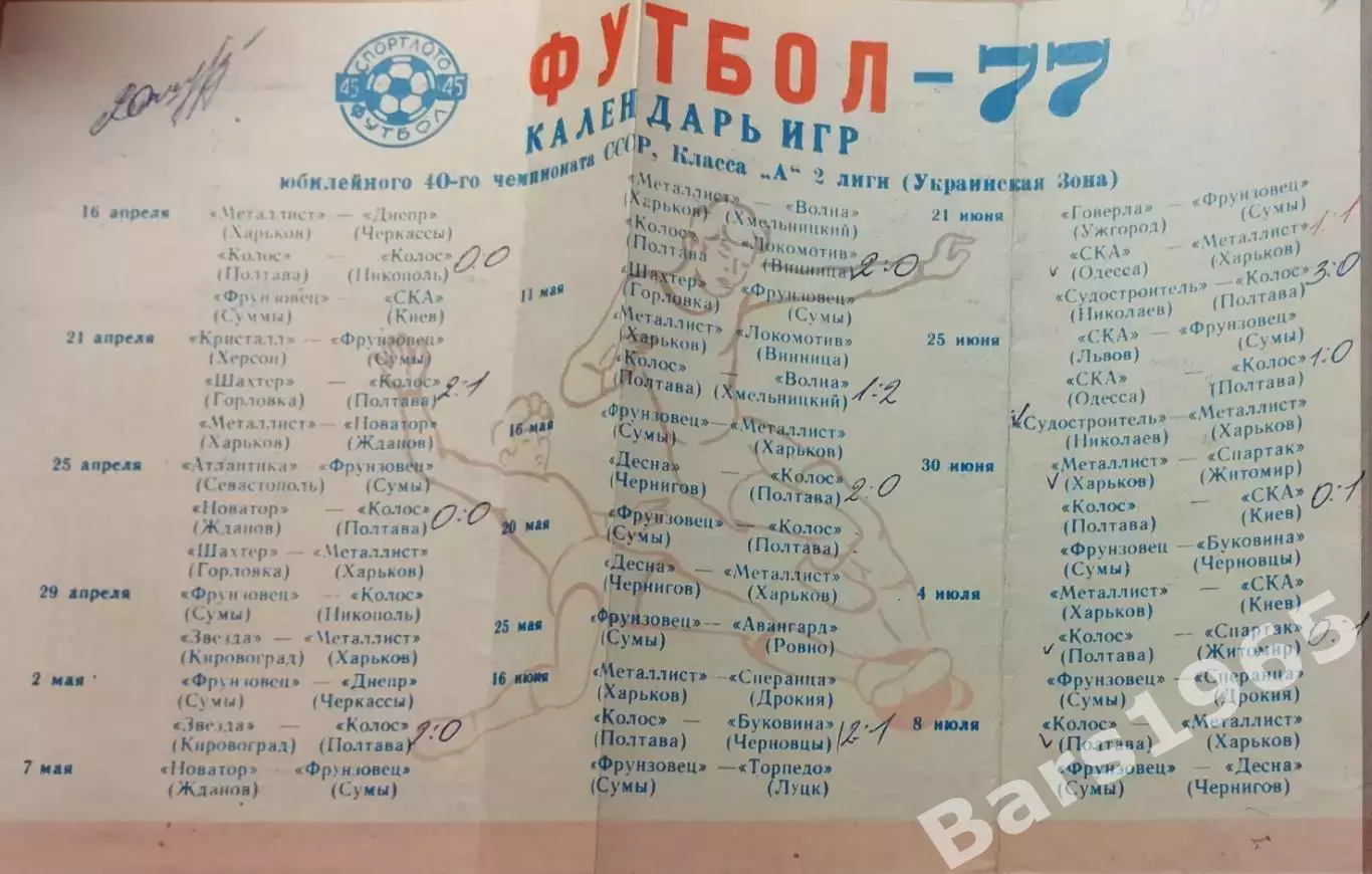 Чугуев 1977 Календарь игр Украинской зоны Спортлото