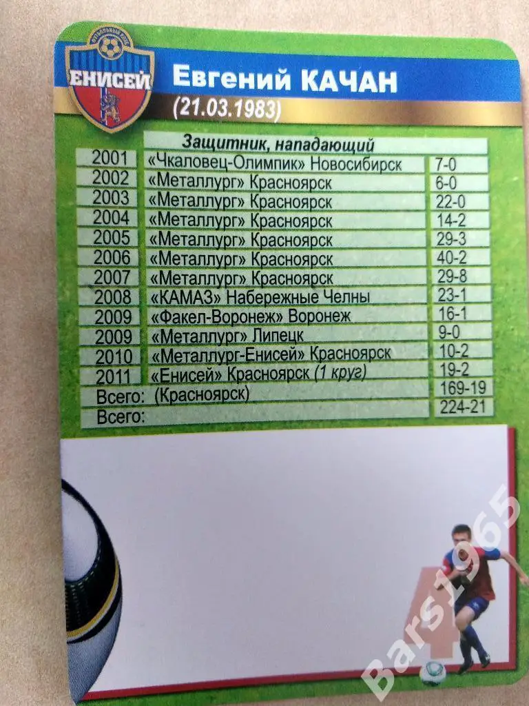 Карточка Евгений Качан Енисей Красноярск 1