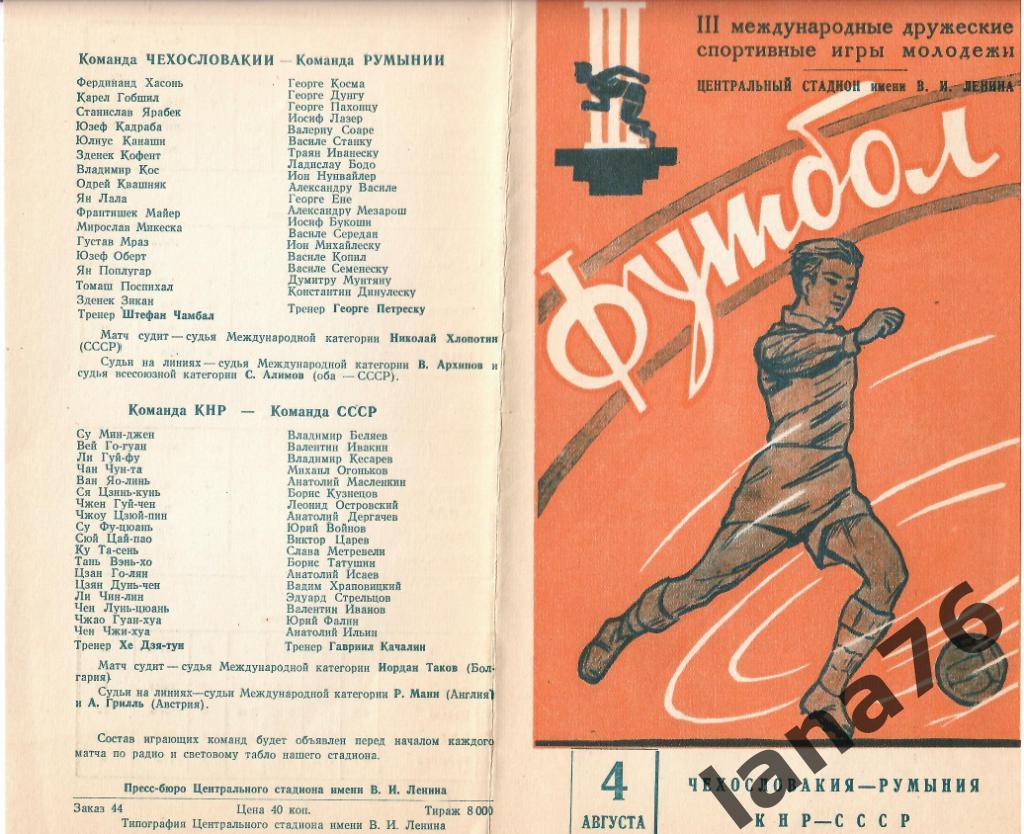 Международные игры молодежи. Чехословакия - Румыния, КНР-СССР 4.08.1957