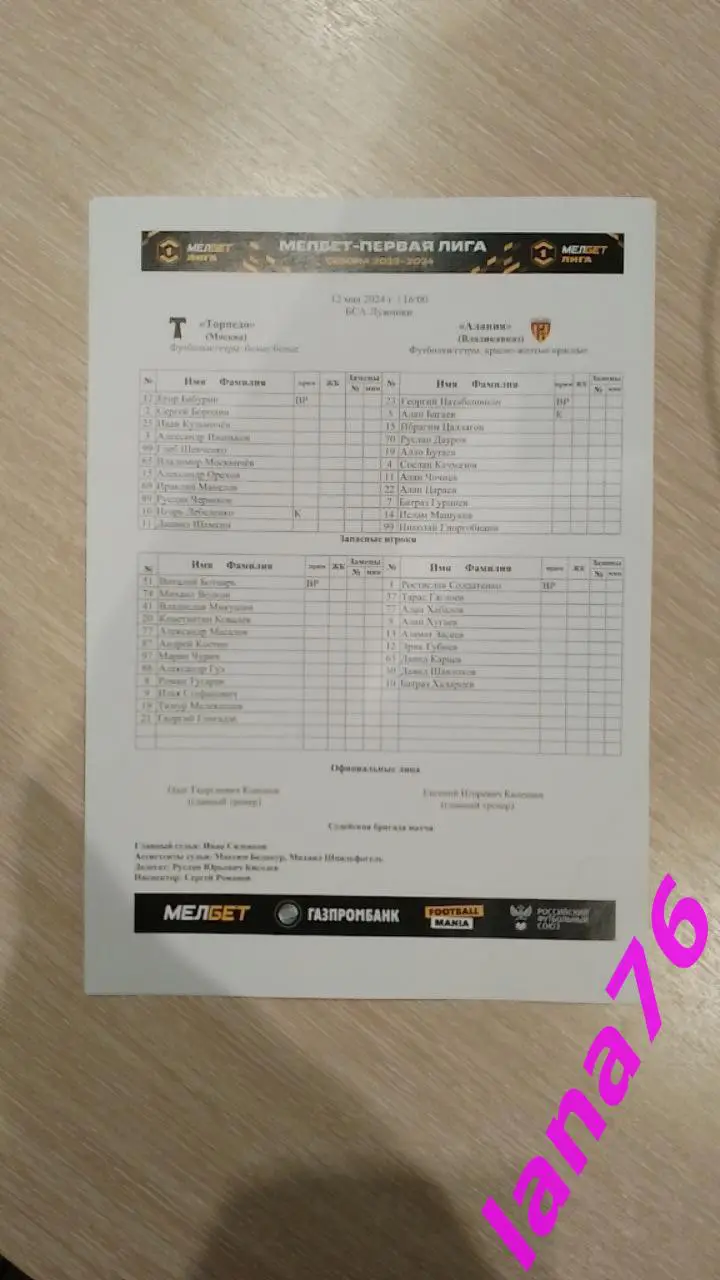 Торпедо Москва - Алания Владикавказ 12.05.2024 официальная программа+стартлист 1