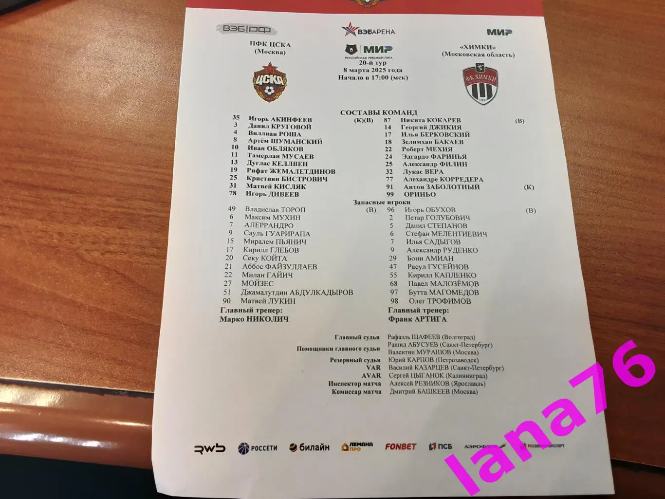 ЦСКА Москва - Химки 8.03.2025 официальная программа+стартлист 1