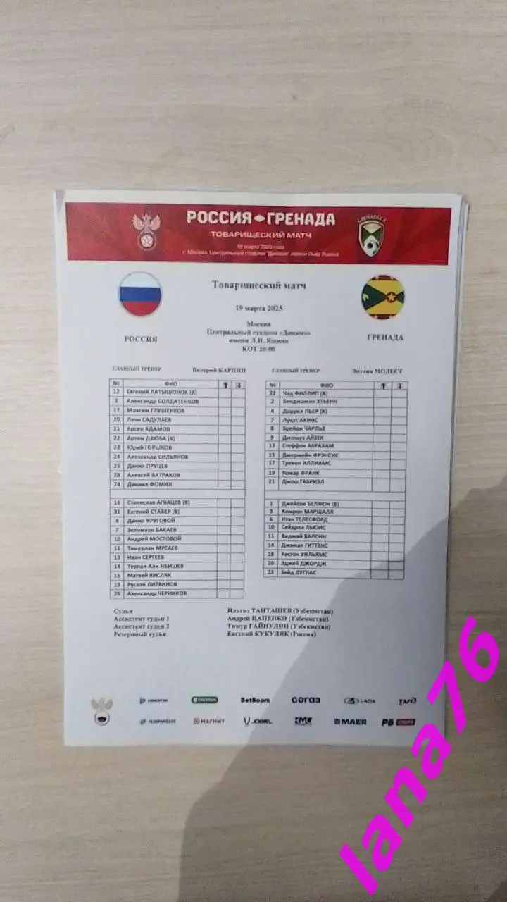 Россия - Гренада 19.03.2025 официальный стартлист