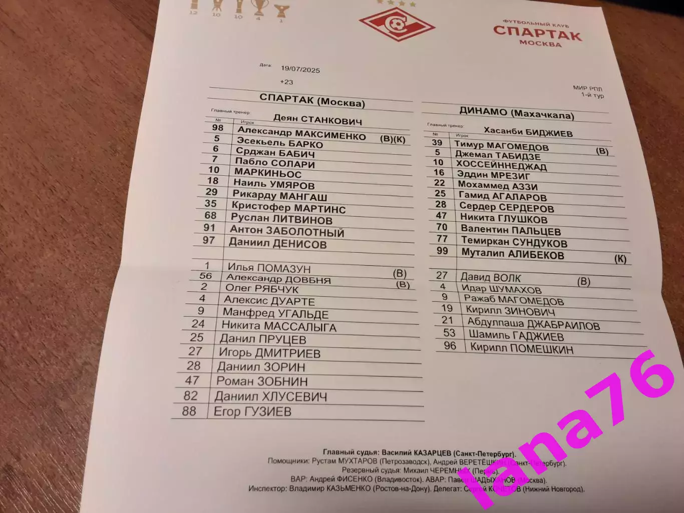Спартак Москва - Динамо Махачкала 19.07.2025 официальная программа+стартлист 1