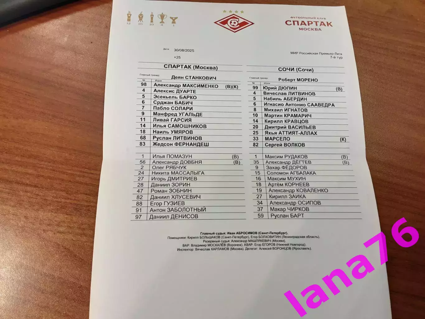 Спартак Москва - Сочи 30.08.2025 официальная программа+стартлист 1