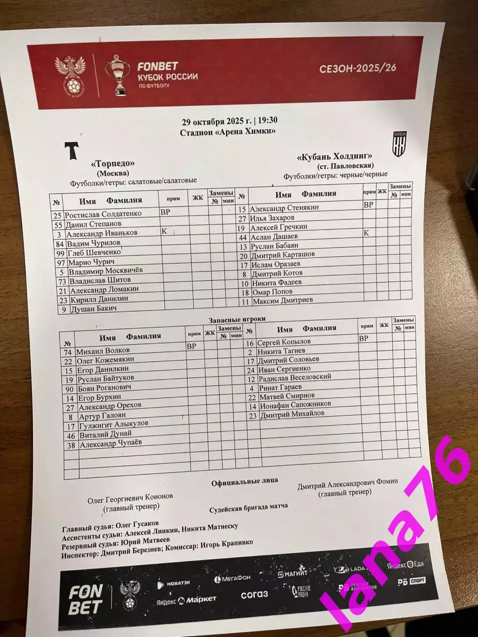 Кубок Торпедо Москва - Кубань Холдинг 29.10.2025 официальная программа+стартлист 1