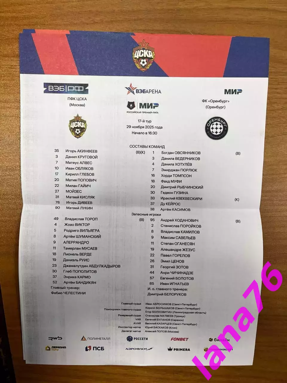 ЦСКА Москва - Оренбург 29.11.2025 официальная программа + стартлист 1