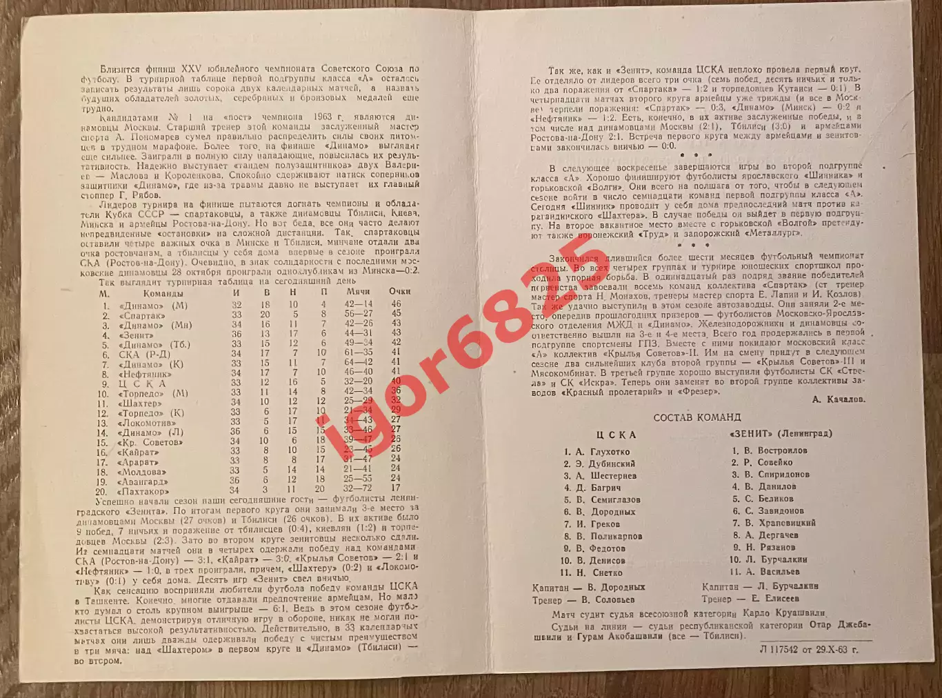 ЦСКА Москва - Зенит Ленинград. 30 октября 1963 года. Чемпионат СССР. 1
