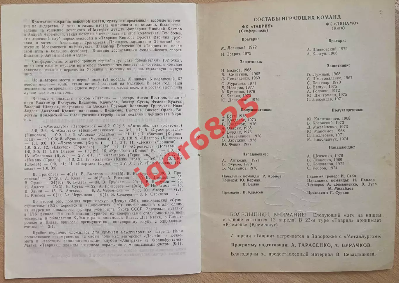 Таврия Симферополь - Динамо Киев 2 апреля 1996 года. Кубок Украины 2