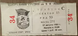 Билет. Спартак Москва - Зенит Ленинград. 17 августа 1981 года. Чемпионат СССР.