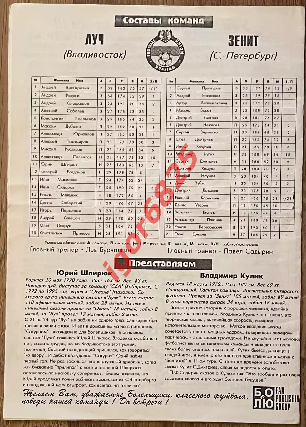 Луч Владивосток - Зенит Санкт-Петербург. 30 сентября 1995 года. Чемпионат России 1