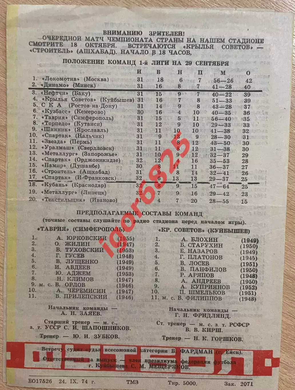 Крылья Советов Куйбышев - Таврия Симферополь 1 октября 1974 года Первенство СССР 1