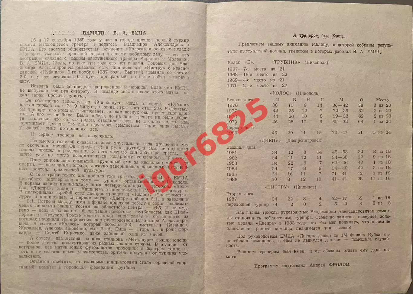Турнир памяти В.А.Емца 22-23 сентября 1990 года. Никополь. Колос, Днепр. 1