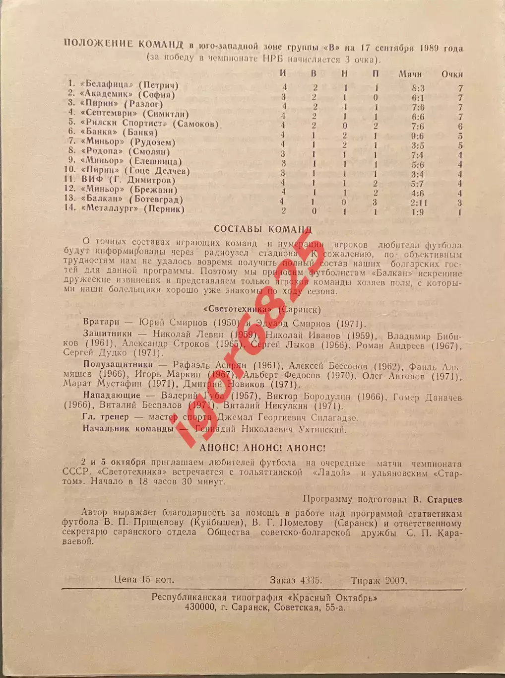 Светотехника Саранск - Балкан Болгария 28 сентября 1989 года. Товарищеский матч. 1