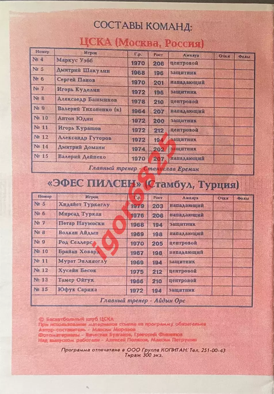 Баскетбол. ЦСКА Москва - Эфес Пилсен Турция. 22 октября 1997 года. Евролига 1