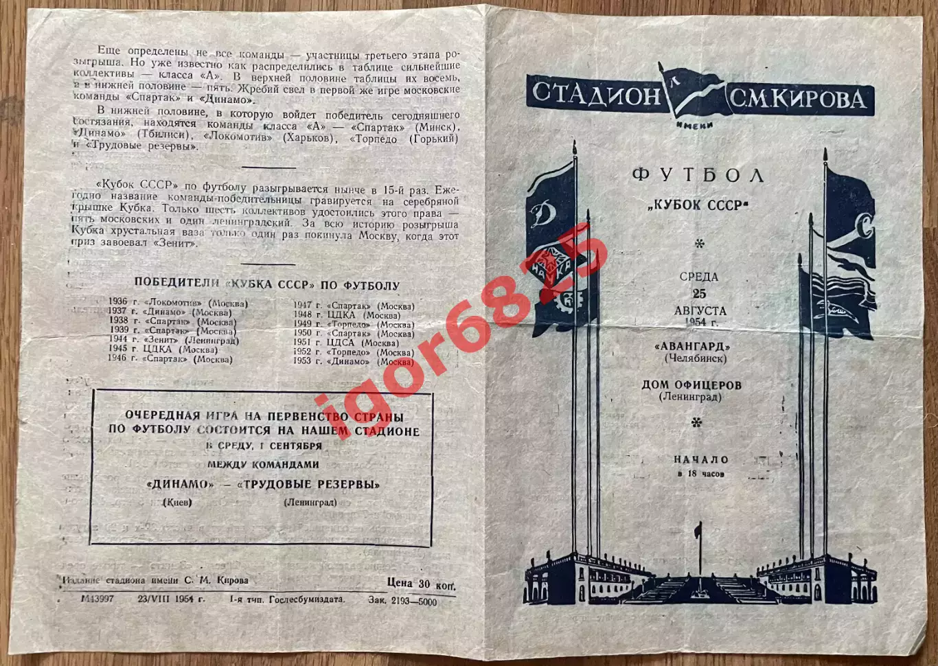 Дом Офицеров Ленинград - Авангард Челябинск. 25 августа 1954 года. Кубок СССР 1